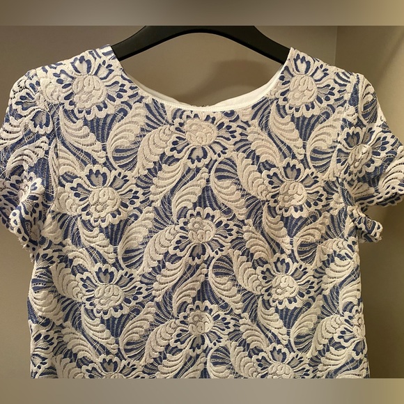 Blue and white lace fully lined Maggy London dress with cap sleeves size 16 - Picture 9 of 11